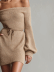 FJØRNA Camel knit off-shoulder mini dress, stylish evening dress with a fitted silhouette and soft knit fabric.