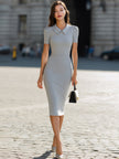 Light grey FJØRNA Peter Pan collar bodycon midi dress featuring a summer business style, with a fitted silhouette and classic collar detail.
