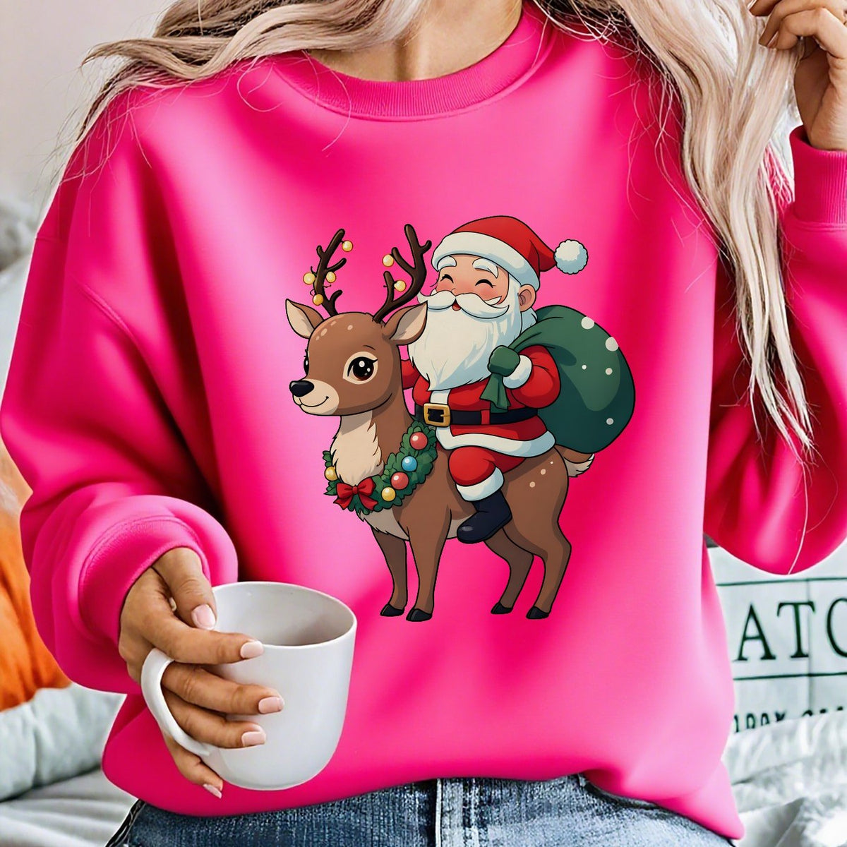 Ugly Christmas Sweater Reindeer Santa Fleece Crew Neck Tacky Holiday Jumper | Cosima