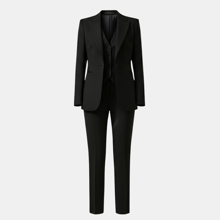 FJØRNA women's tailored 3-piece suit set featuring tweed fabric, including stylish pants and matching blazer for women.