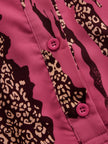 FJØRNA rose red leopard print chiffon long sleeve jumpsuit with pants for women, featuring a stylish and flowing design.