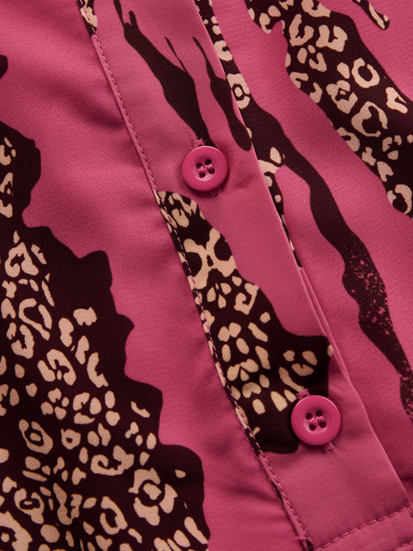 FJØRNA rose red leopard print chiffon long sleeve jumpsuit with pants for women, featuring a stylish and flowing design.
