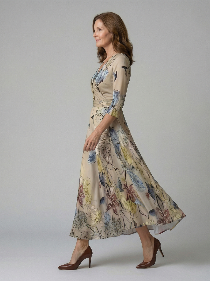 FJØRNA women's floral summer maxi dress with V-neck and wrap design, flowing lightweight fabric, perfect for warm weather.