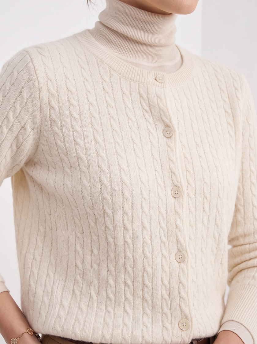 Cardigan Women Wool Cable Knit Cropped Button