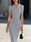 Light grey FJØRNA Peter Pan collar bodycon midi dress with short sleeves, perfect for summer business wear, shown from front.