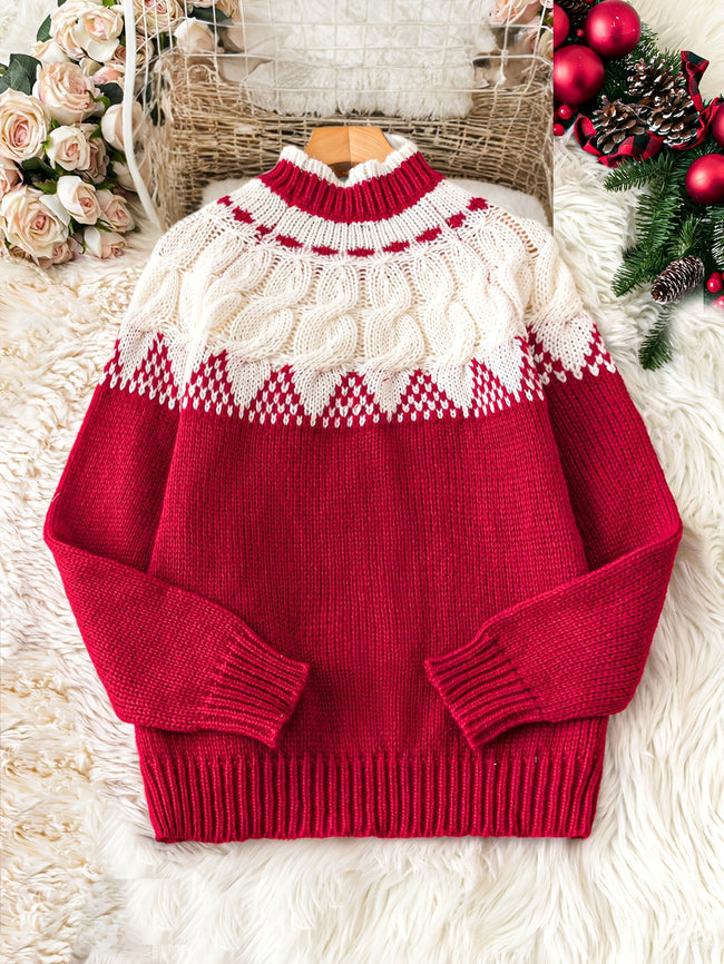 Leonora | Women's Long Fair Isle Tacky Holiday Mock-Neck Knit Sweater