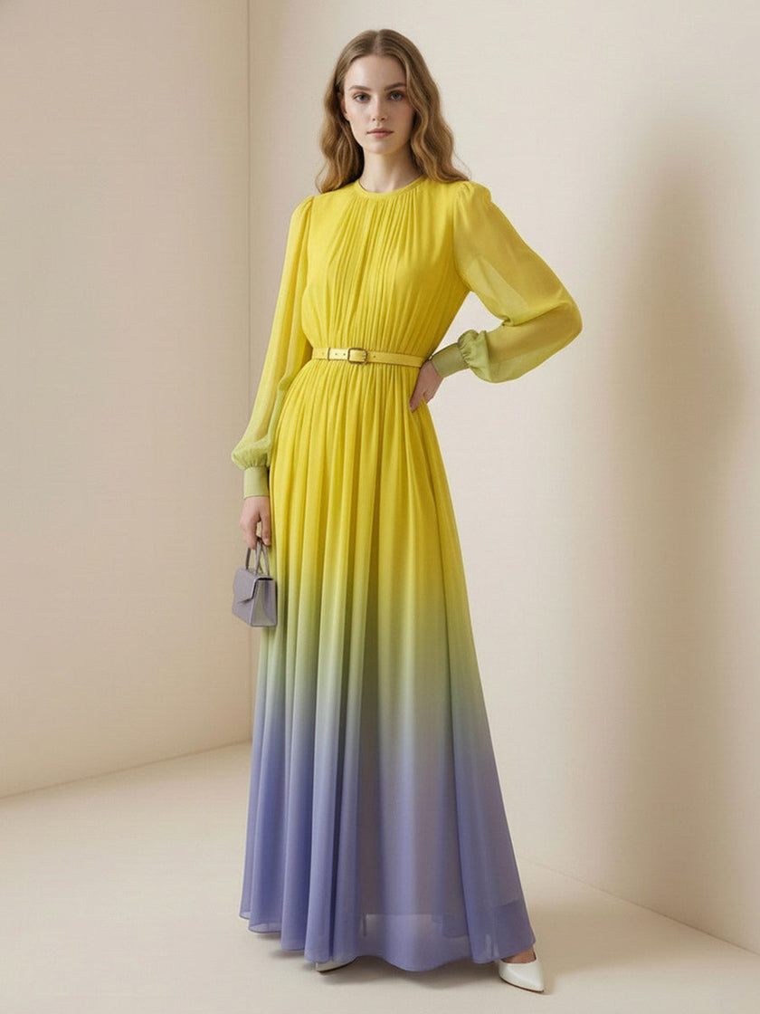 FJØRNA high-waisted long sleeve maxi dress with belt, contrast color gradient, pleated design and split-joint round neck.