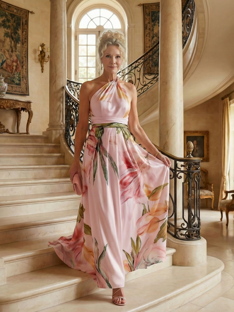 FJØRNA summer maxi dress for women with floral pattern, halter neck, sleeveless design, perfect for warm weather.
