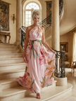 FJØRNA women's summer maxi dress with floral pattern, halter neck, sleeveless design, relaxed fit for warm weather.