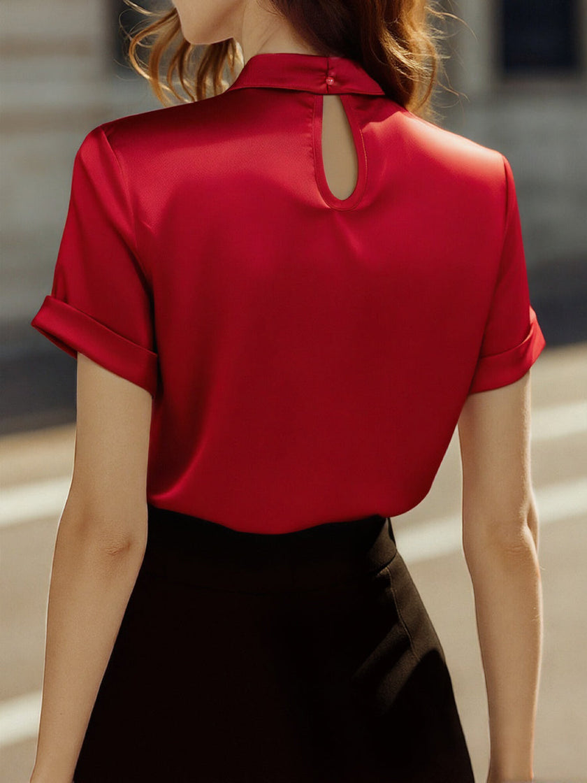 FJØRNA white satin high-neck keyhole blouse for women, stylish women's top with elegant design and satin fabric.