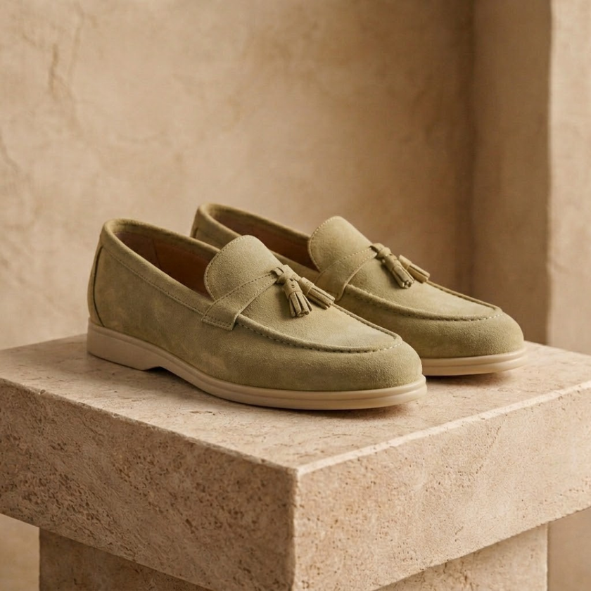 Men's casual suede shoes by FJØRNA, smart lace-up shoes with a sleek design, featuring a close-up of the tan suede material and laces.