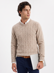 Wool Cable Knit Sweater Men Crew Neck Regular Fit