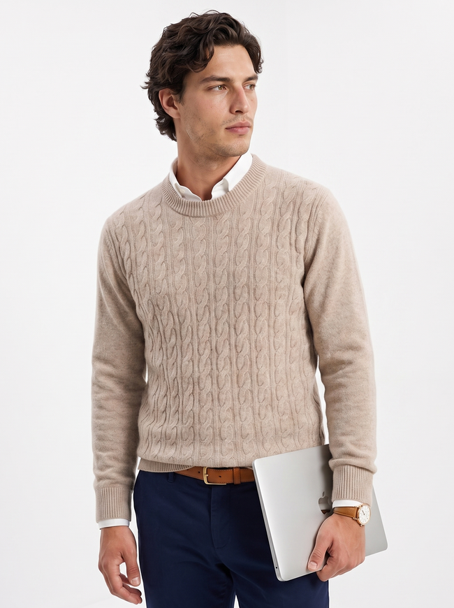 Wool Cable Knit Sweater Men Crew Neck Regular Fit