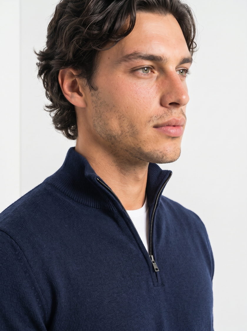 Quarter Zip Knit Sweater Men Stand Collar Regular Fit