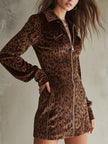 FJØRNA velvet leopard print mini dress, stylish evening dress with long sleeves and fitted silhouette, perfect for night outings.