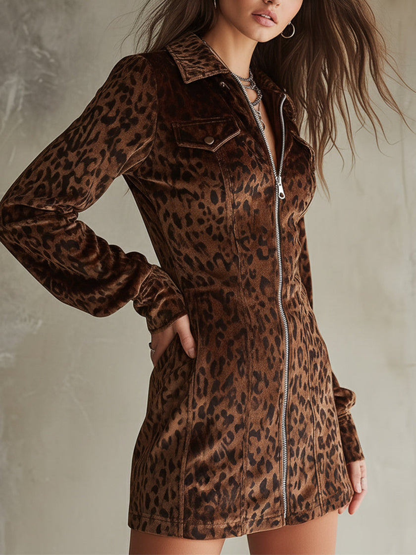 FJØRNA velvet leopard print mini dress, stylish evening dress with long sleeves and fitted silhouette, perfect for night outings.
