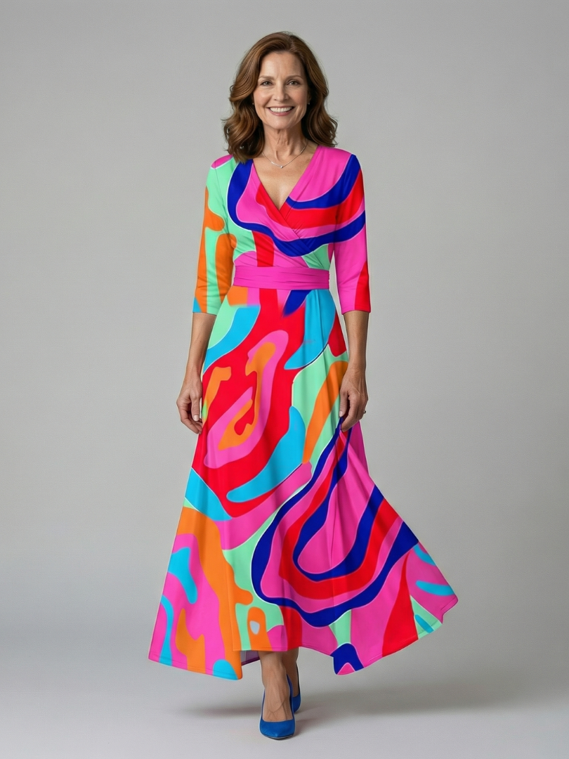 FJØRNA women's floral summer maxi dress with long sleeves, wrap style, flowy fabric, perfect for warm weather occasions.