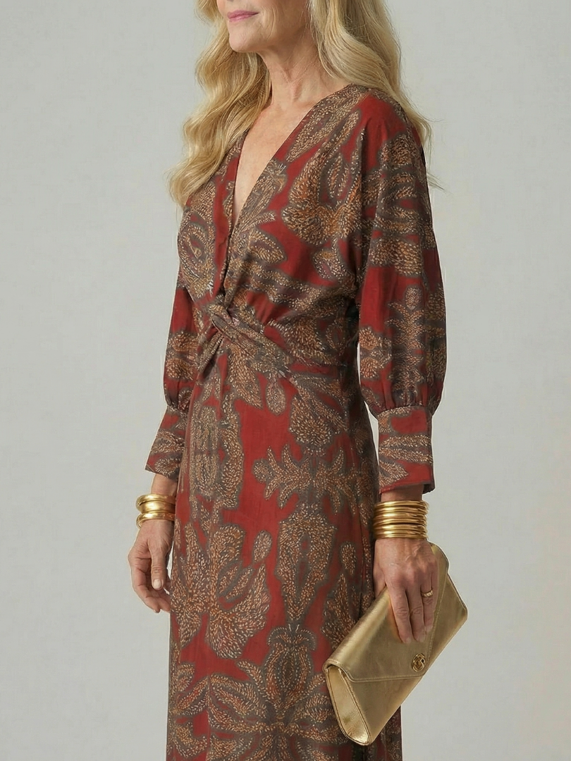 FJØRNA women's summer midi dress with long sleeves, wrap design, flowy fabric, perfect for warm weather wear.