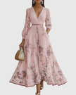 Rowella | Women's V-Neck Long-Sleeve Pleated Floral Maxi Dress with Ribbon Tie Waist