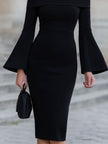 FJØRNA off-shoulder bell-sleeve bodycon midi dress, elegant cocktail dress with fitted silhouette and stylish bell sleeves.