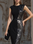 FJØRNA sculpted sleeveless contrast panel midi dress, stylish cocktail dress with fitted silhouette and modern design.