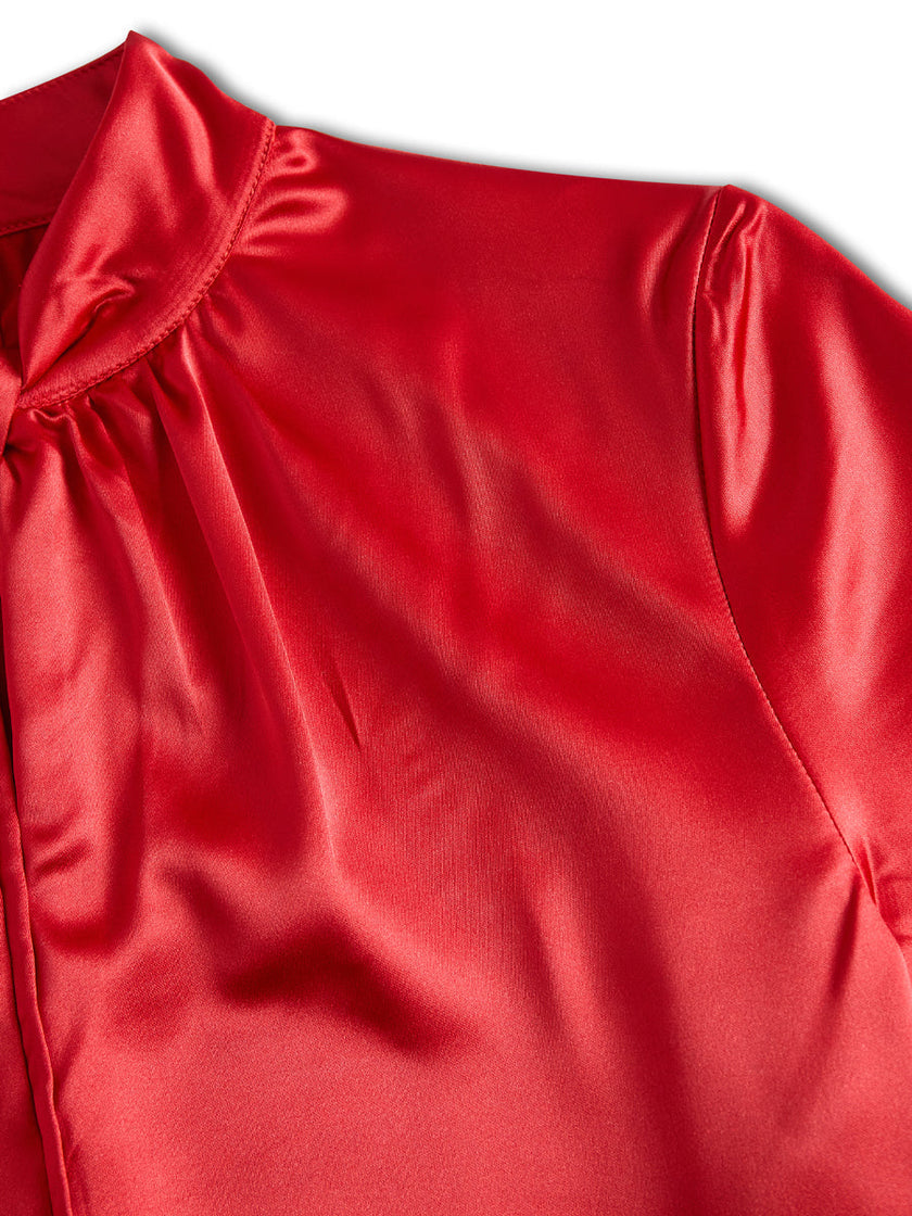 FJØRNA white satin high-neck keyhole blouse for women, featuring a stylish high collar and elegant satin fabric.
