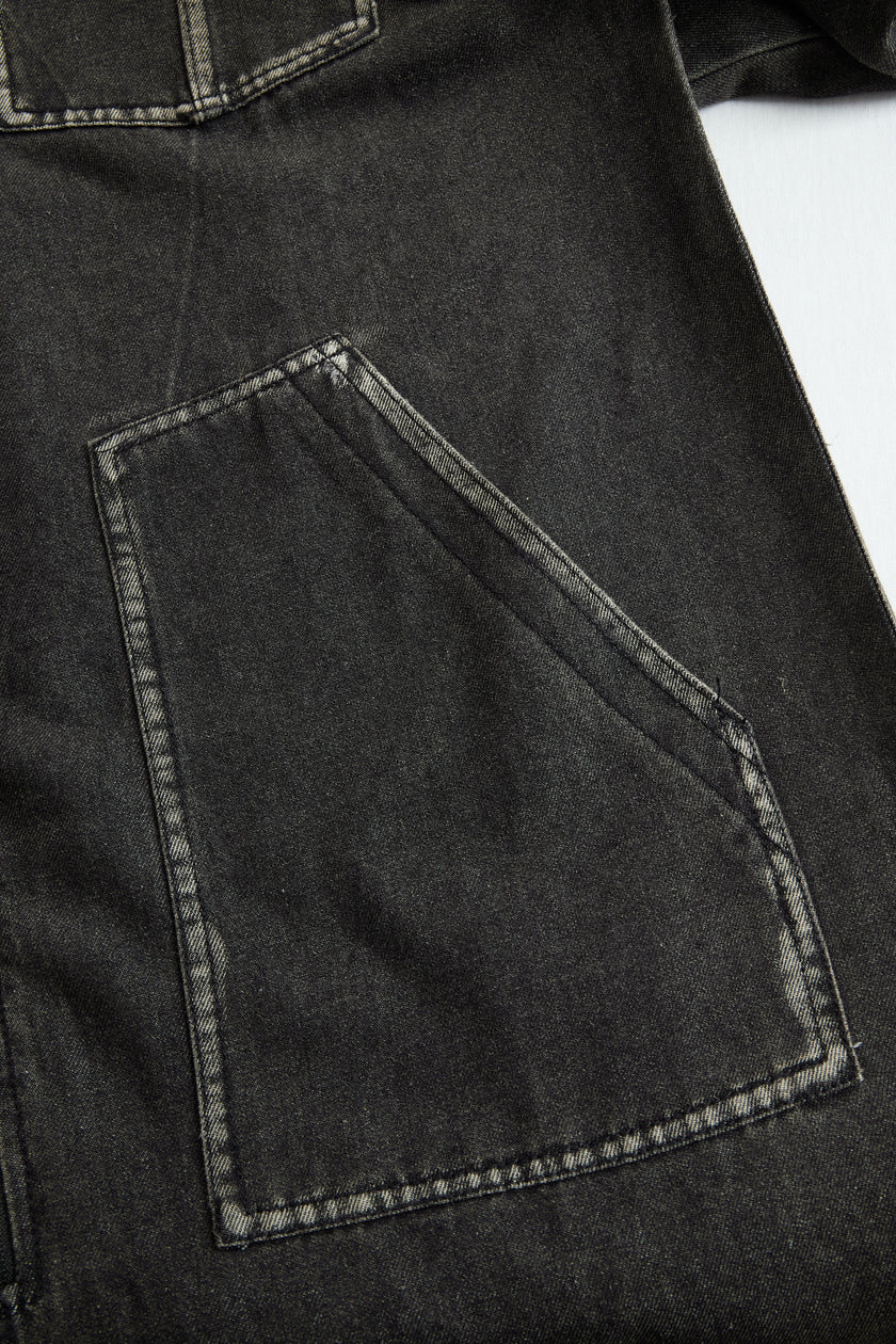FJØRNA women's denim jumpsuit with long sleeves, hood, zipper front, and retro pocket design, casual loose fit.