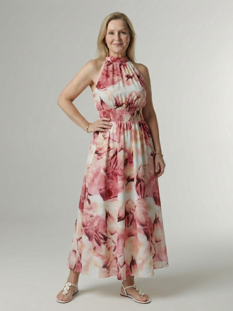 FJØRNA women's summer midi dress with halter neck, sleeveless, flowy fabric, perfect for warm weather and casual outings.