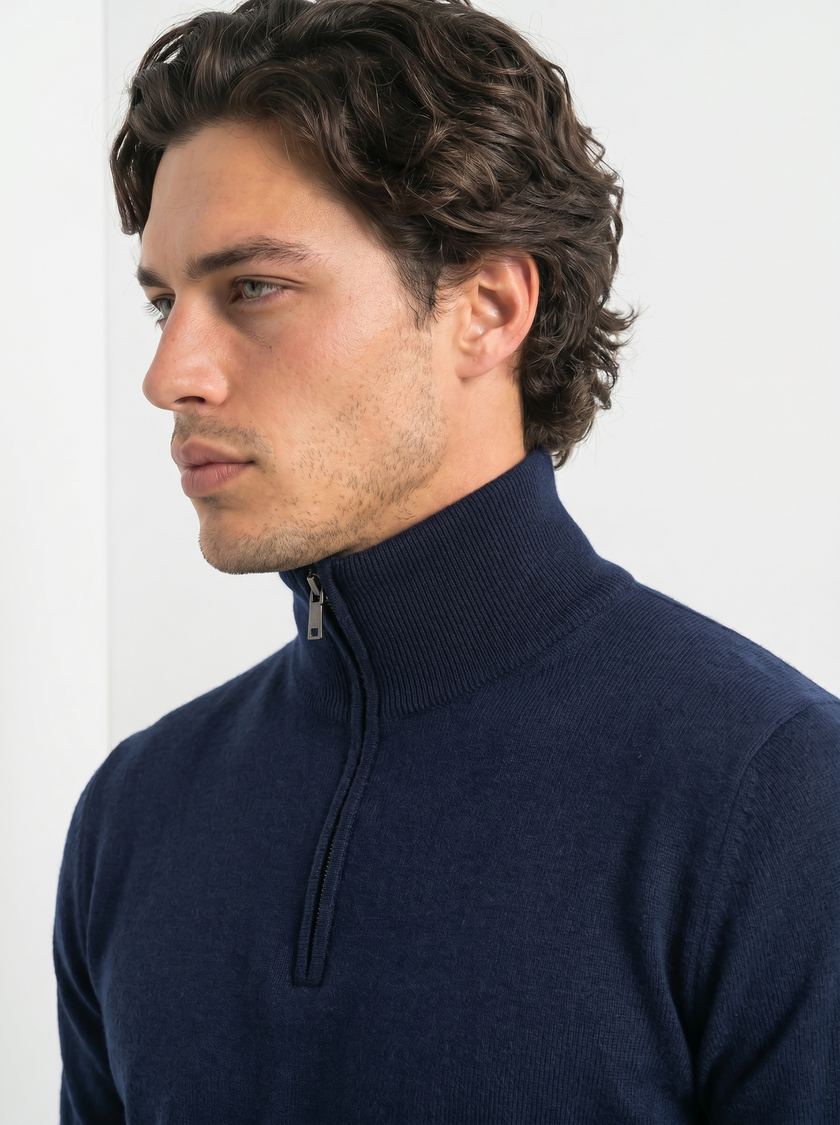 Quarter Zip Knit Sweater Men Stand Collar Regular Fit