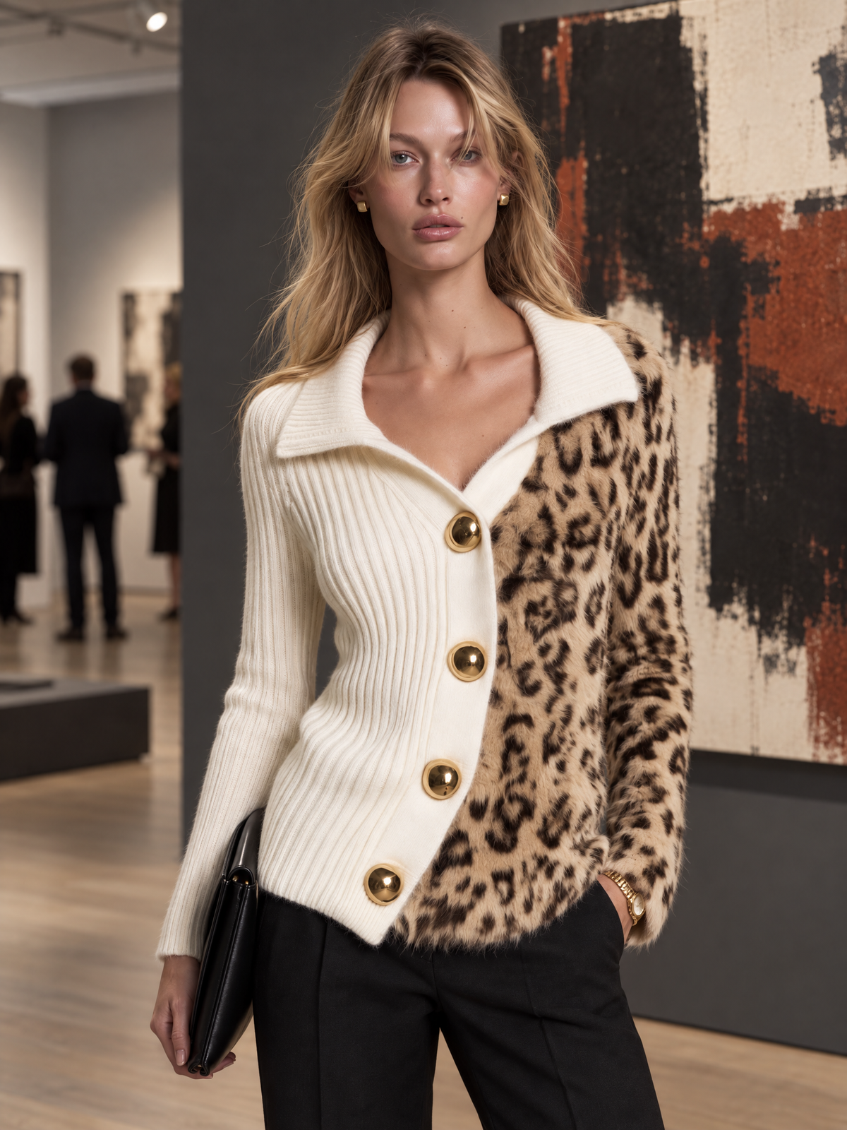 Leopard Print Color-Block Ribbed Knit Cardigan with Collar and Gold Buttons for Women