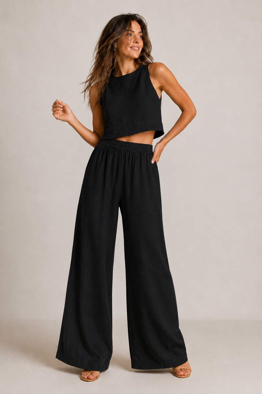 Two-Piece Set Women Cotton Sleeveless Crop Top Wide Leg