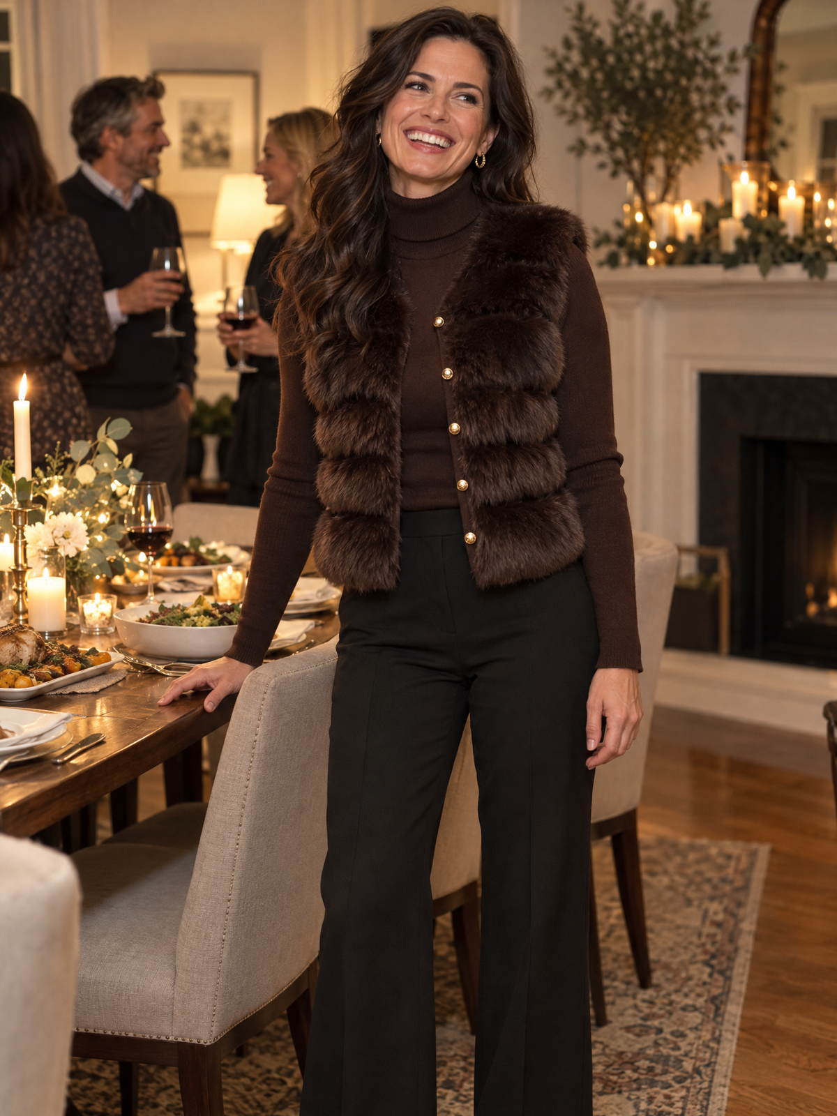 Faux Fur Gilet and Turtleneck Sweater Dress Two-Piece Set in Brown for Women