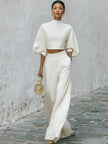 Cream textured lantern sleeve two-piece set with pants for women by FJØRNA, featuring a stylish and comfortable design.