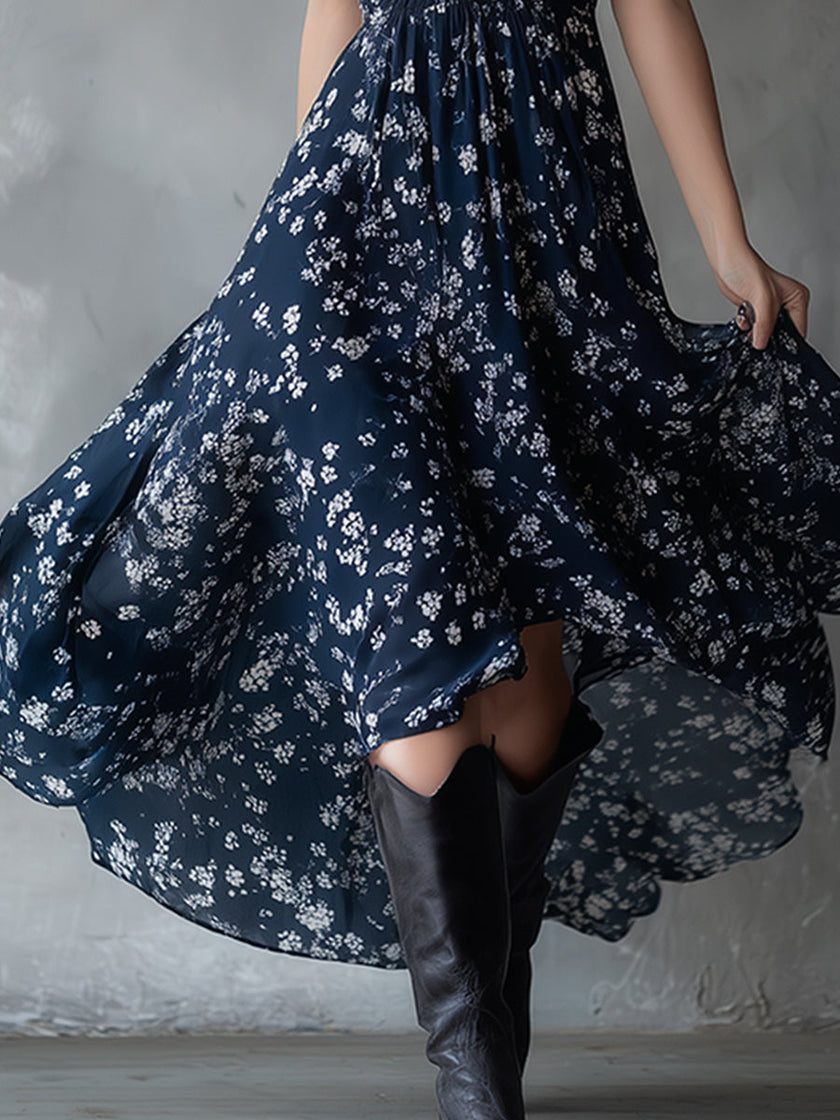 Navy blue chiffon floral maxi dress for women by FJØRNA, flowing fabric with a floral pattern, perfect for elegant occasions.