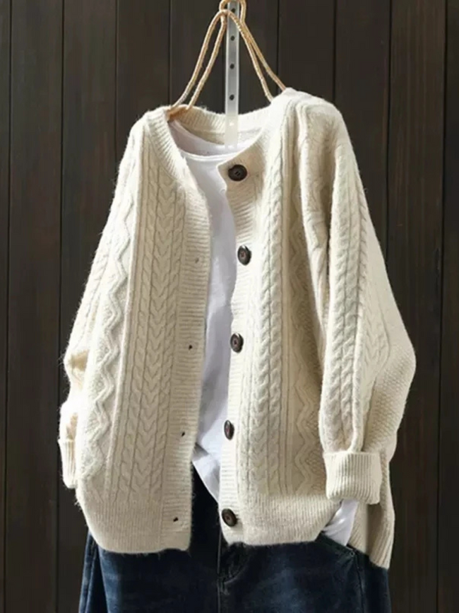 Lorenza | Women's Versatile Oversized Cable Knit Button-Front Cardigan Sweater with Ribbed Cozy for Layering