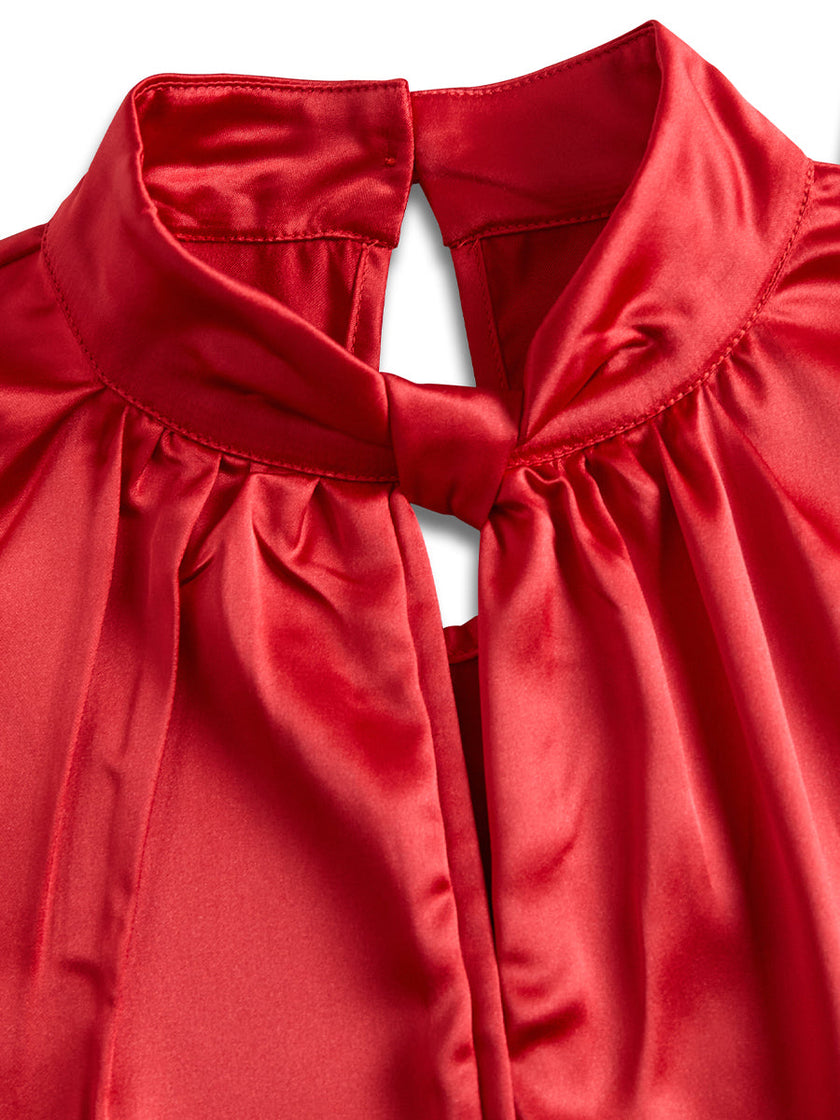 White satin high-neck keyhole blouse for women by FJØRNA, featuring a stylish high neckline and elegant satin finish.