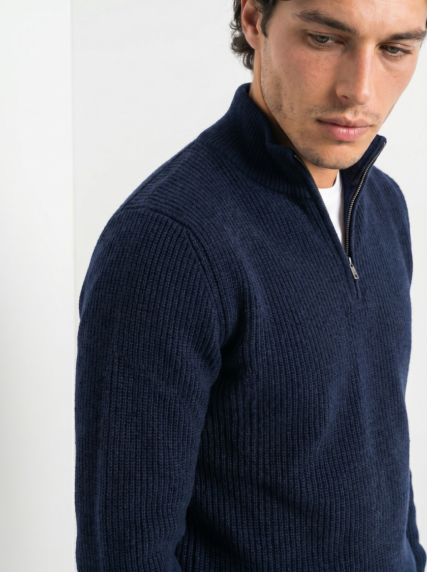 Quarter Zip Knit Sweater Men Stand Collar Regular Fit