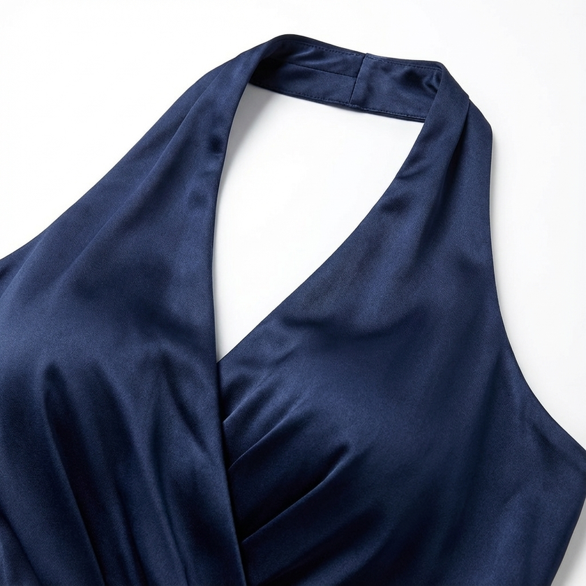 FJØRNA elegant women's maxi dress with halter neck and ruffle satin fabric, showcasing a flowing, stylish evening dress.