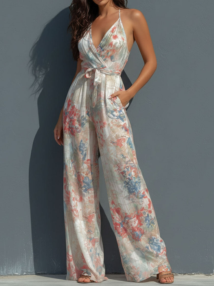 White floral satin halter neck jumpsuit for women with wrap front and wide-leg pants, by FJØRNA.
