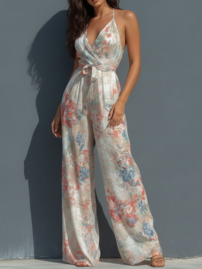 White floral satin halter neck jumpsuit for women with wrap front and wide-leg pants by FJØRNA, styled for elegant occasions.