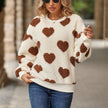 Heart Print Fleece Sweater Women Crew Neck Relaxed Fit