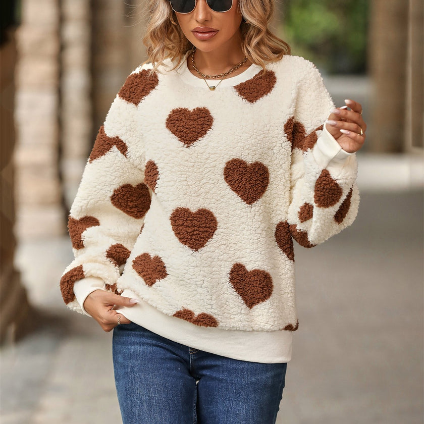 Heart Print Fleece Sweater Women Crew Neck Relaxed Fit