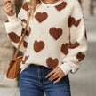 Heart Print Fleece Sweater Women Crew Neck Relaxed Fit