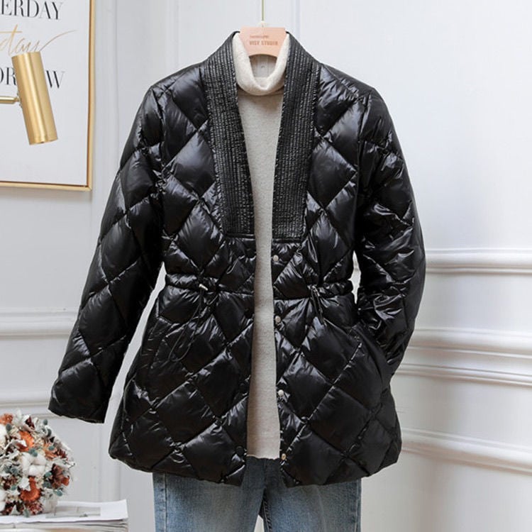 Quilted Jacket Women Button Front Adjustable Waist V-Neck