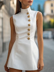 FJØRNA gold satin high-collar sheath dress, summer business dress with elegant high neckline and fitted silhouette.