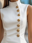 FJØRNA gold satin high-collar sheath dress, summer business dress with elegant high neckline and fitted silhouette.