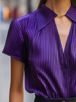 FJØRNA purple striped satin short-sleeve blouse with wide collar, women’s cream blouse, elegant and stylish top.