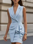 White V-neck sleeveless blazer dress with ruffle detail by FJØRNA, stylish women’s dress perfect for formal or casual wear.