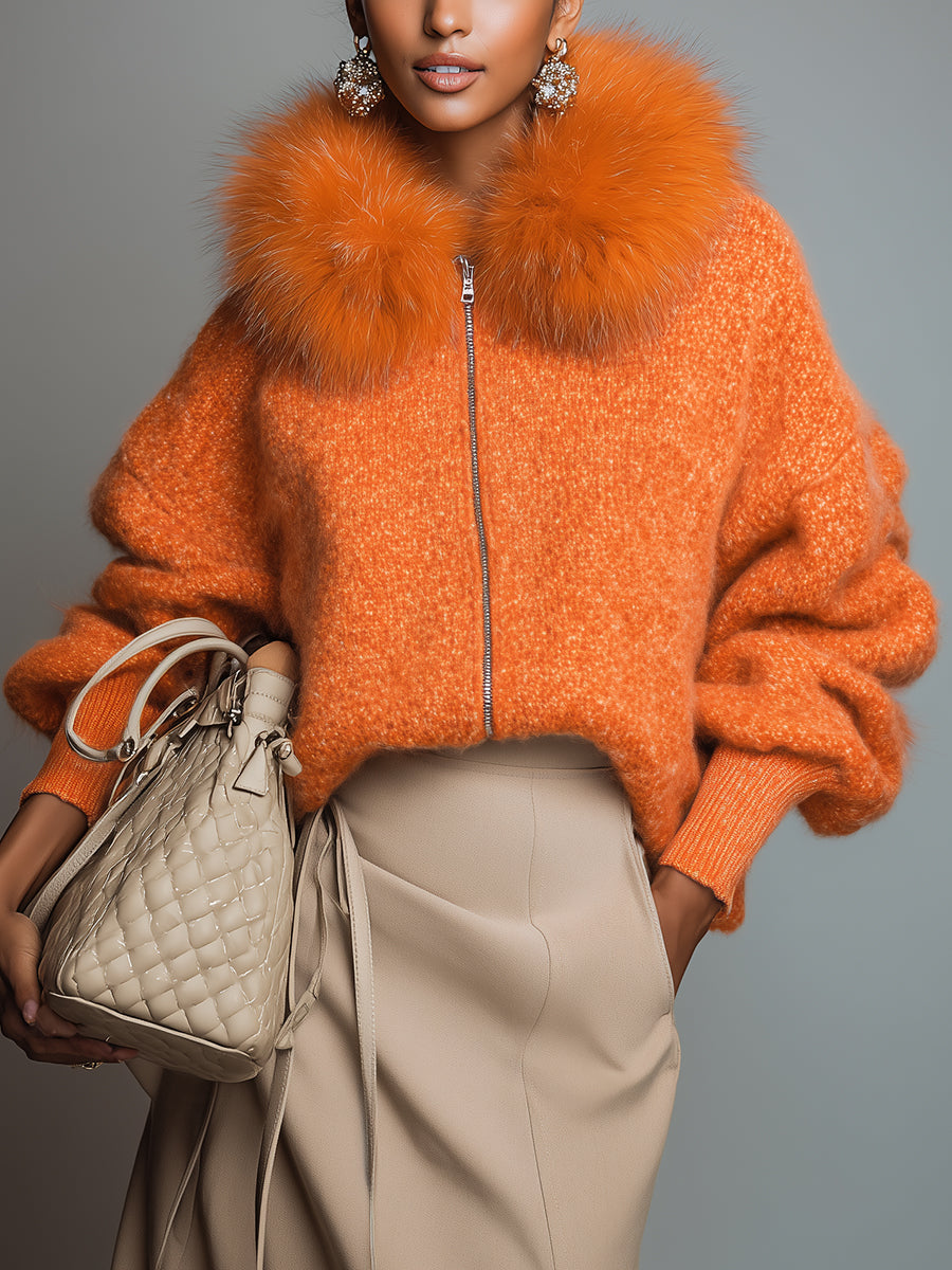 Orange Zip-Up Knit Cardigan with Faux Fur Collar Loose Fit for Women