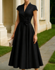 Red satin midi dress for women by FJØRNA featuring a V-neck, A-line silhouette, and floral pattern.